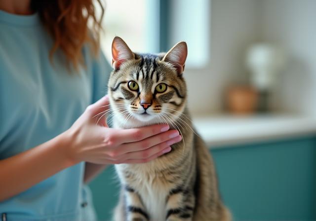 Gato tranquilo durante un chequeo en la clínica cat-friendly de VetAlba Care